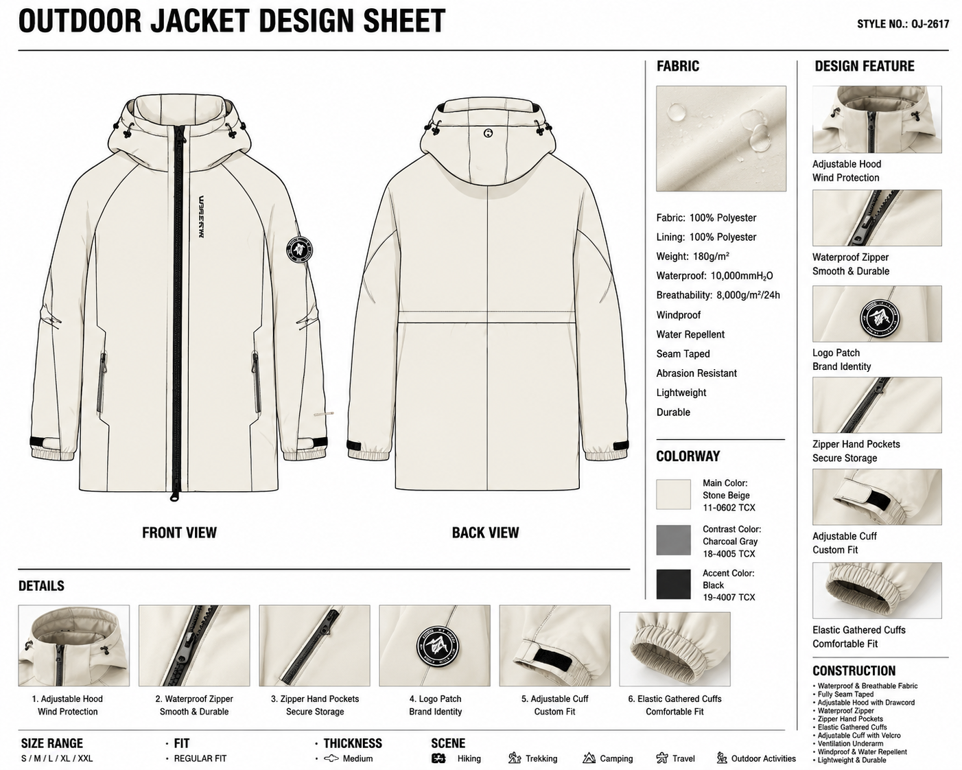 Longline Hooded Jacket technical design sheet for buyer review