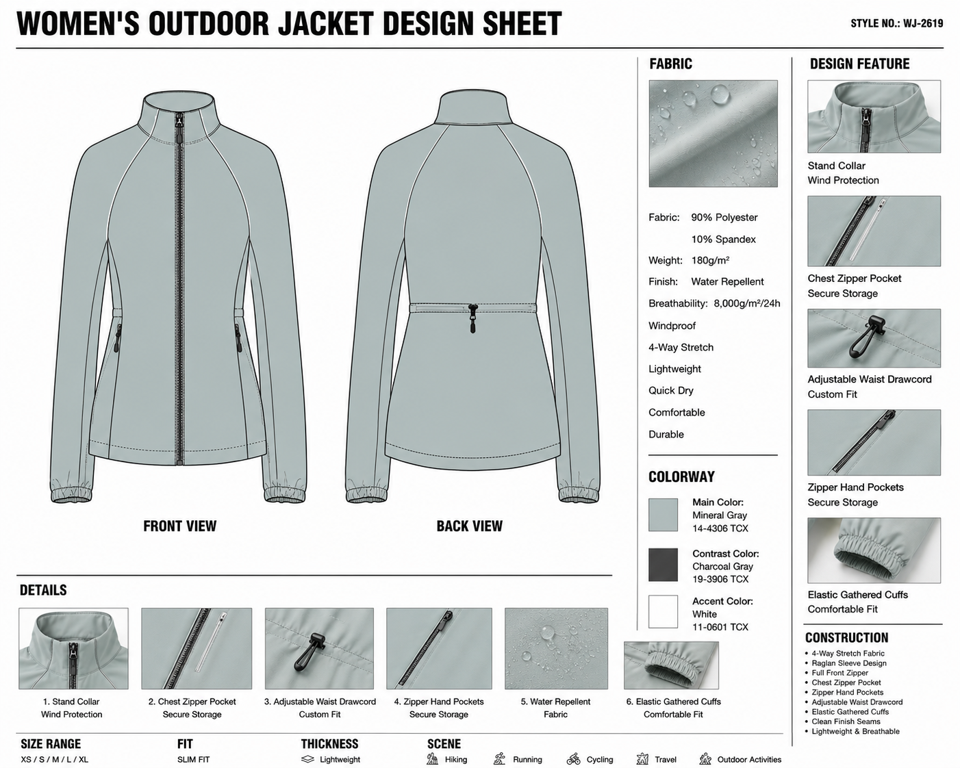 Piped Stand-Collar Drawcord Jacket technical design sheet for buyer review