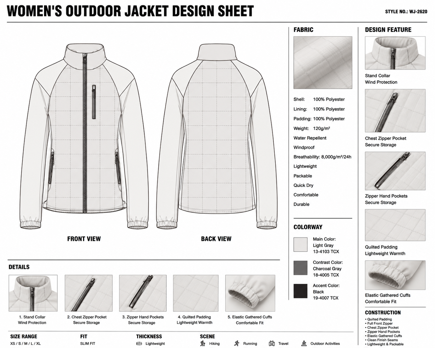 Grid-Quilted Stand-Collar Jacket technical design sheet for buyer review