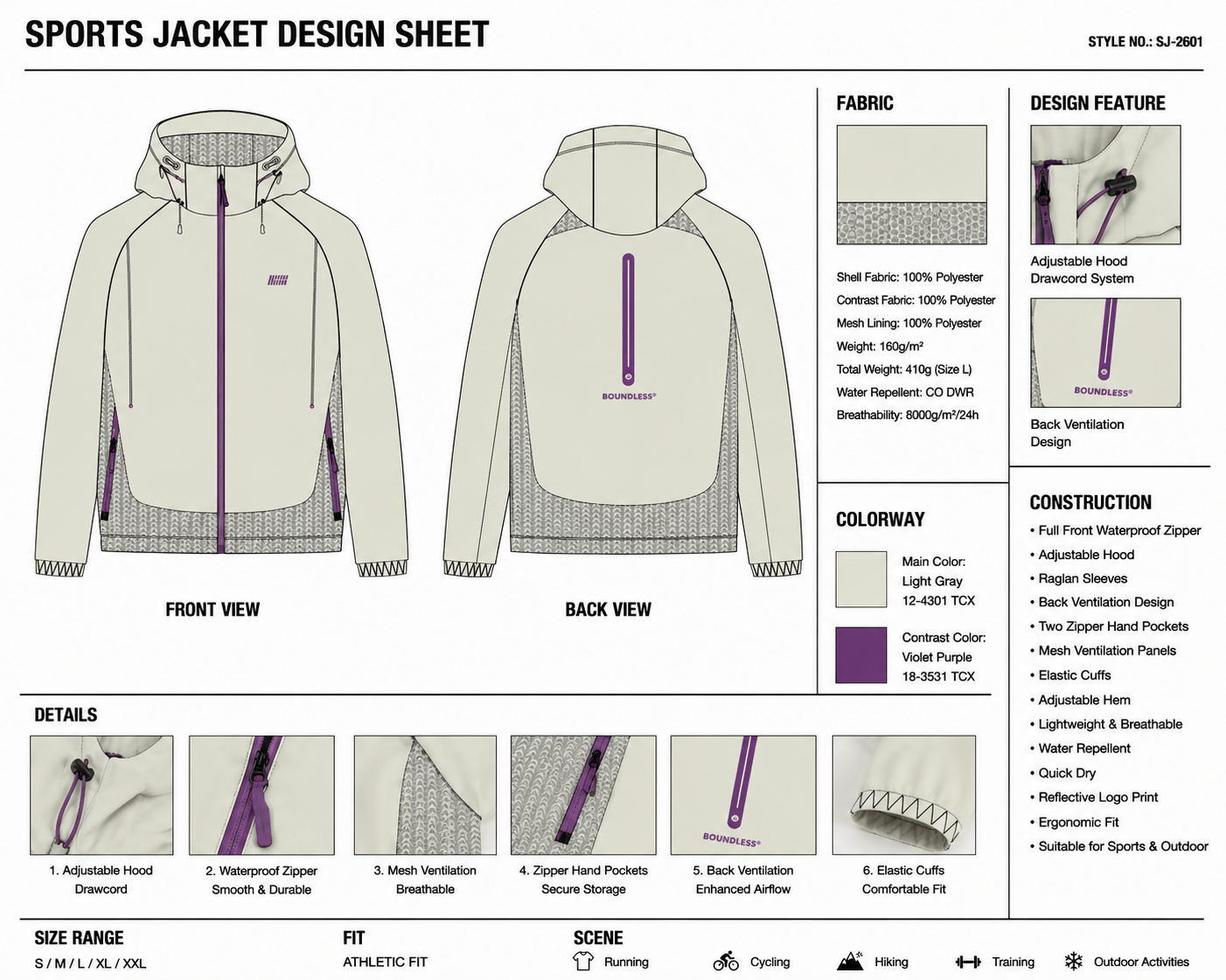 Dash-Pattern Hooded Jacket technical design sheet for buyer review