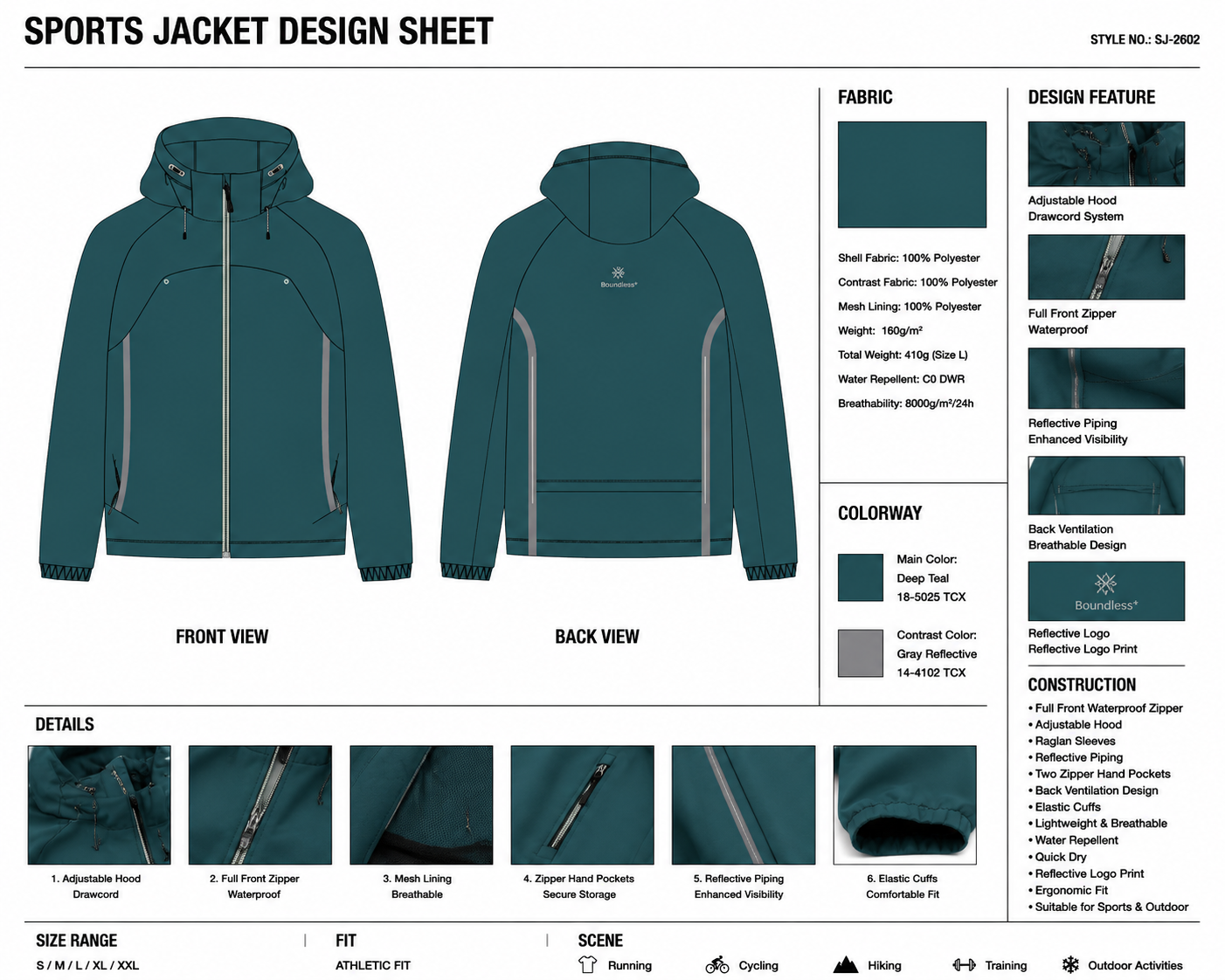Contrast-Piped Hooded Jacket technical design sheet for buyer review