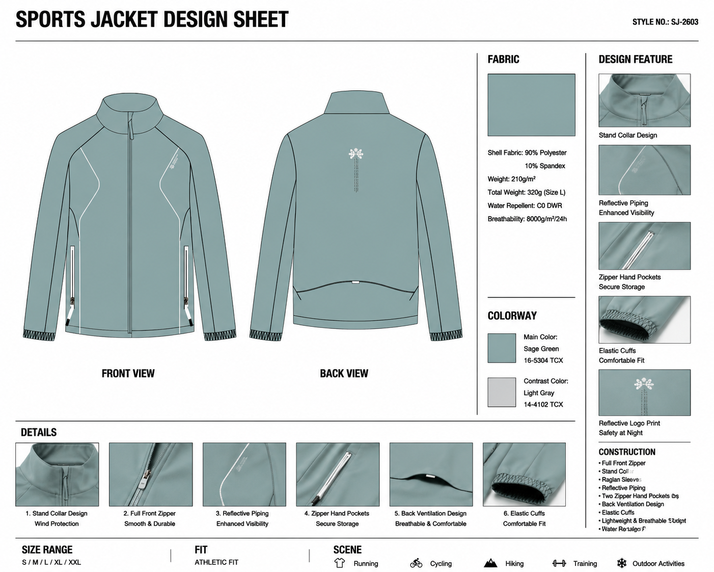 Contrast-Piped Stand-Collar Jacket technical design sheet for buyer review