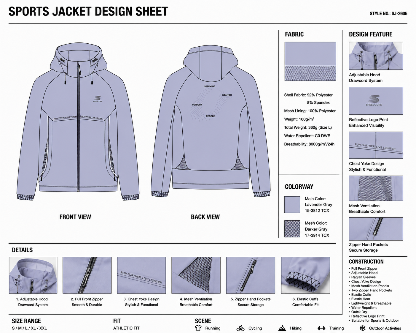 Chest-Yoke Hooded Pocket Jacket technical design sheet for buyer review