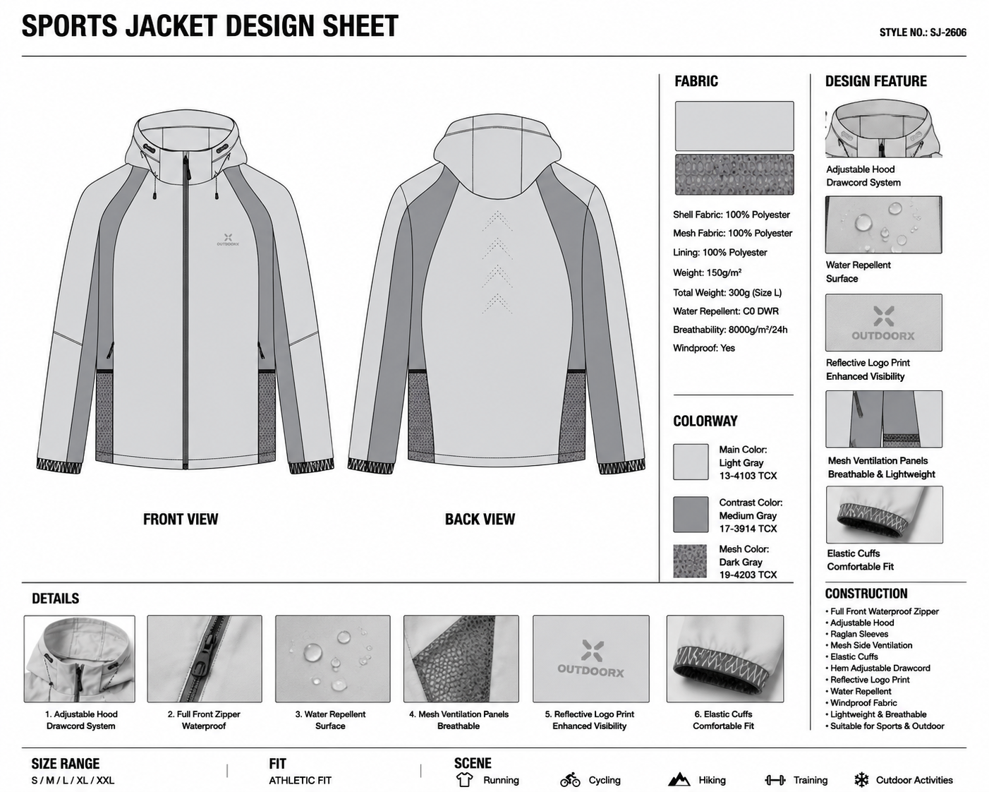 Contrast-Sleeve Hooded Panel Jacket technical design sheet for buyer review
