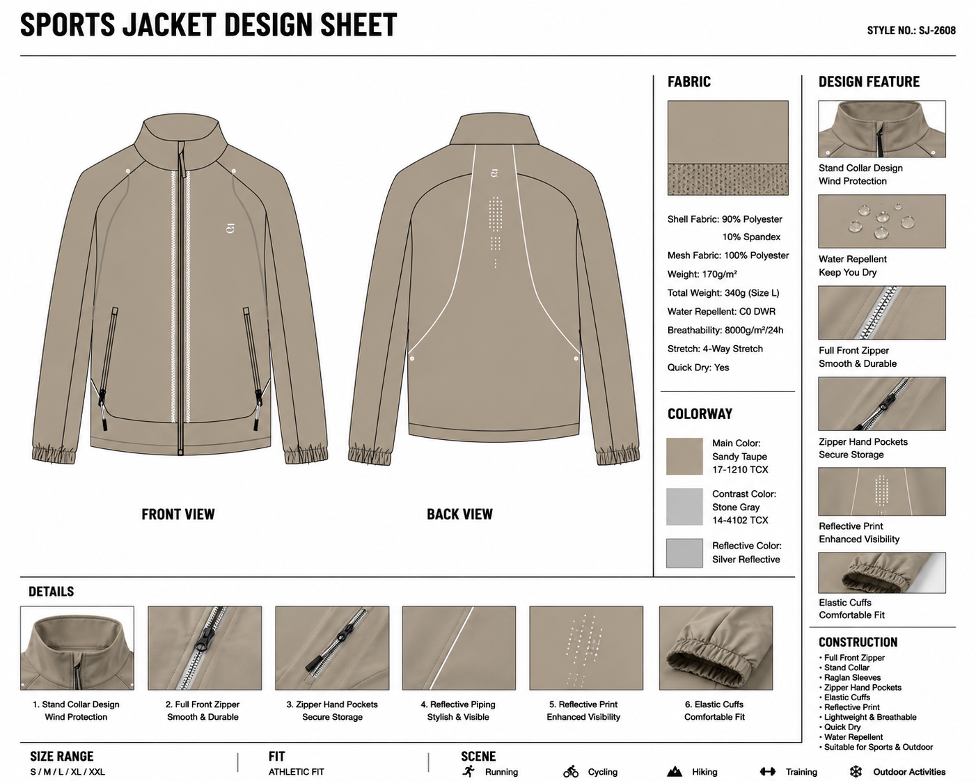 Curved-Piped Raglan Stand-Collar Jacket technical design sheet for buyer review