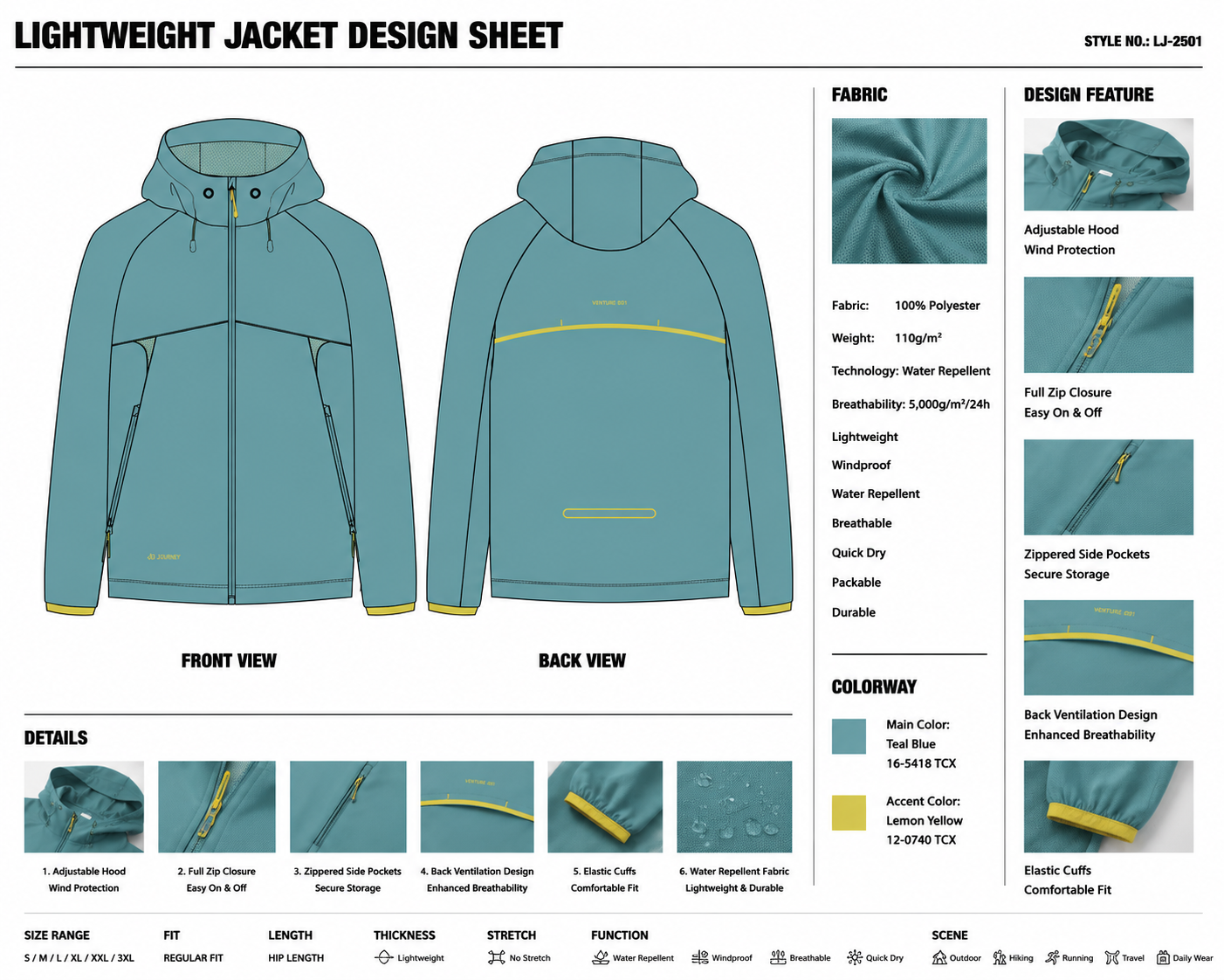 Contrast-Yoke Hooded Zip Jacket technical design sheet for buyer review