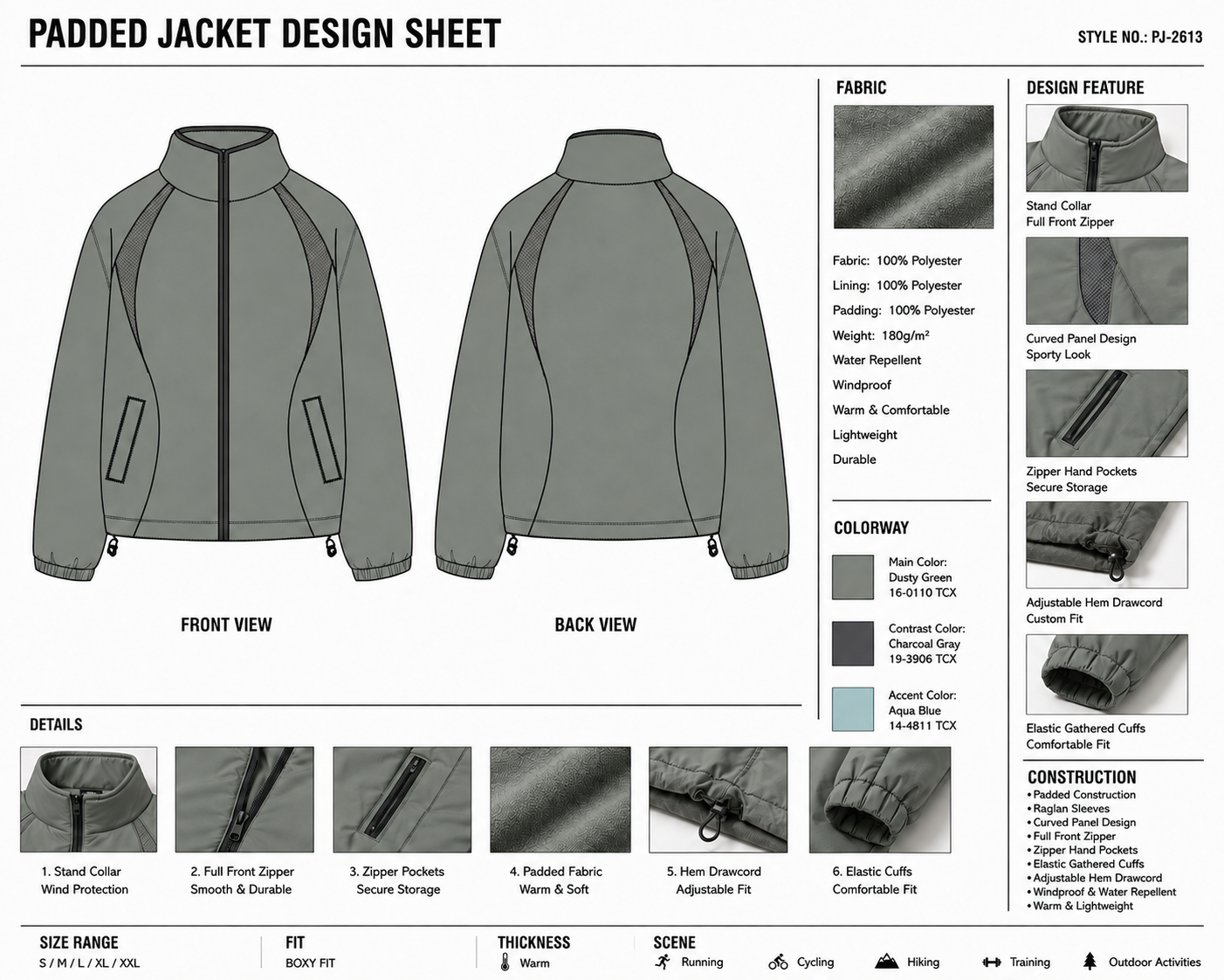 Curved-Panel Stand-Collar Puffer Jacket technical design sheet for buyer review