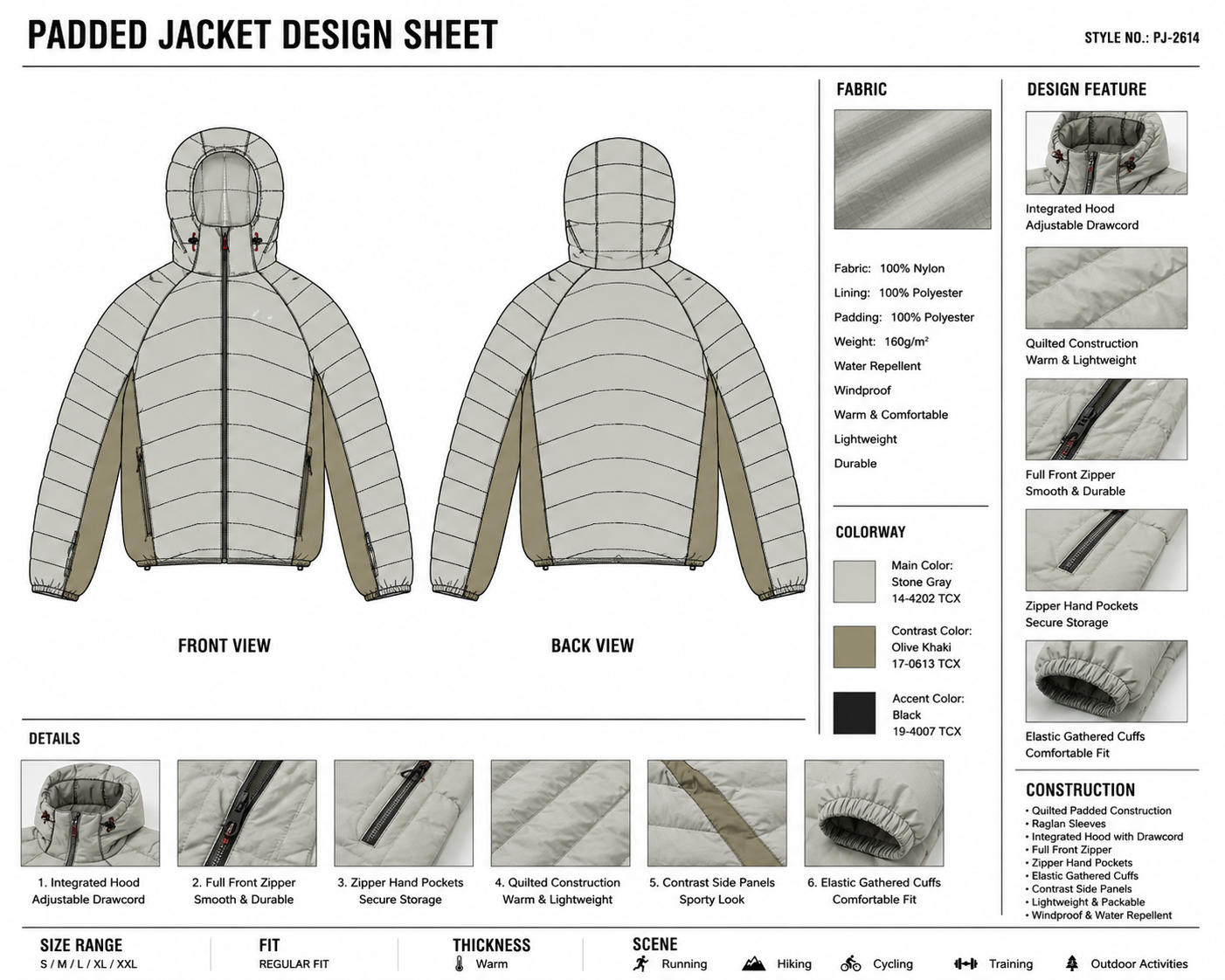 Contrast-Side-Panel Hooded Puffer Jacket technical design sheet for buyer review