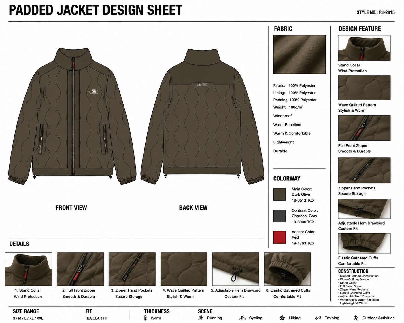 Wave-Quilted Stand-Collar Puffer Jacket technical design sheet for buyer review