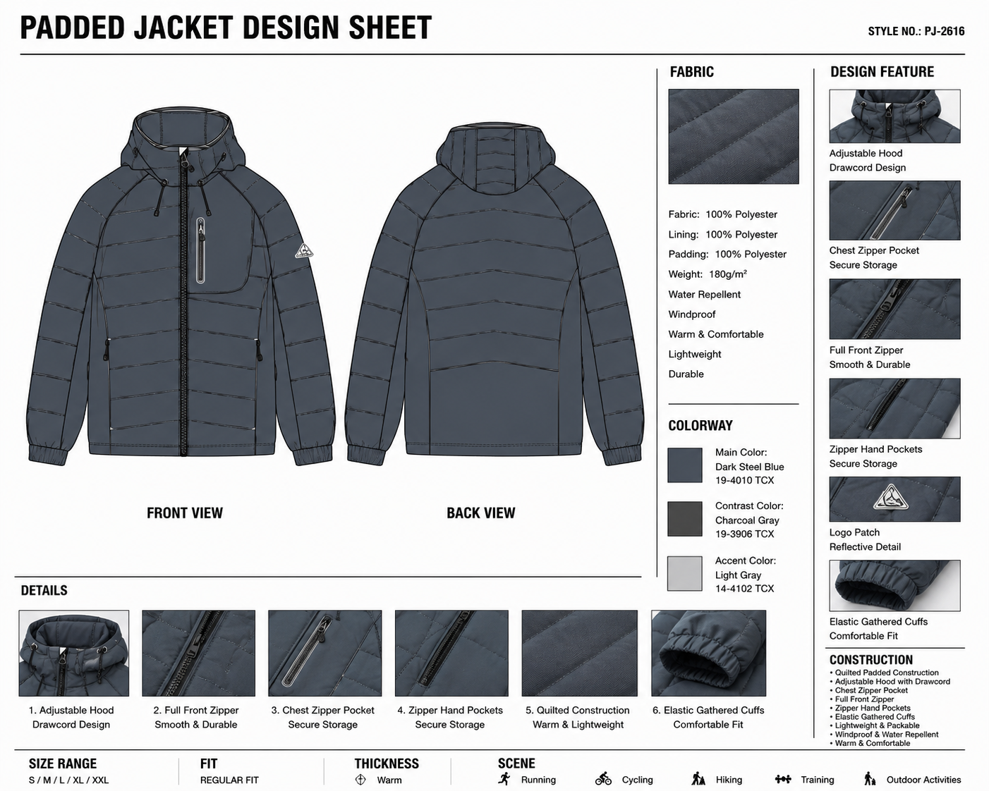 Chest-Zip Hooded Puffer Jacket technical design sheet for buyer review