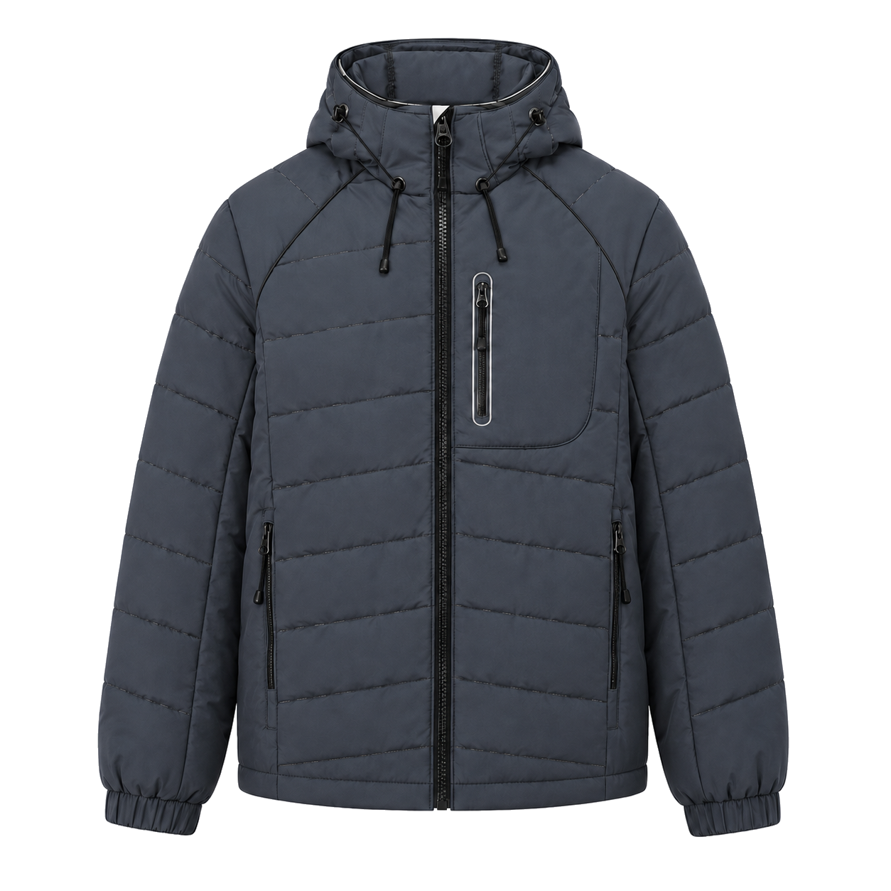 Chest-Zip Hooded Puffer Jacket front view for OEM and private label manufacturing