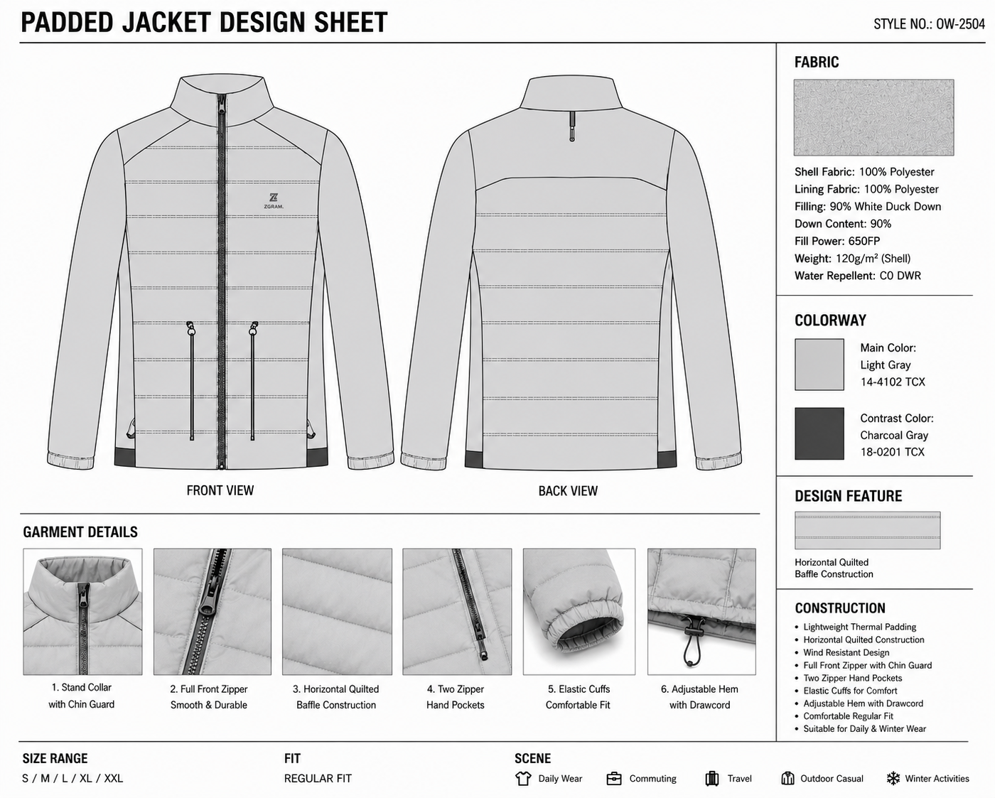 Horizontal-Baffle Stand-Collar Puffer Jacket technical design sheet for buyer review