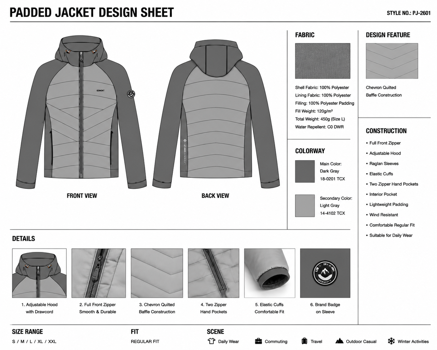 Chevron-Quilted Raglan Hooded Puffer Jacket technical design sheet for buyer review