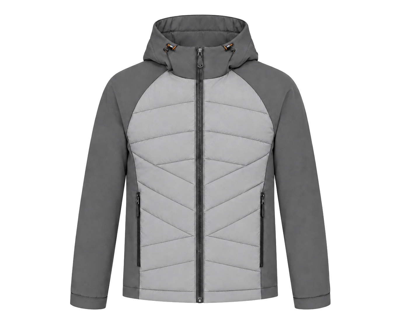 Chevron-Quilted Raglan Hooded Puffer Jacket front view for OEM and private label manufacturing