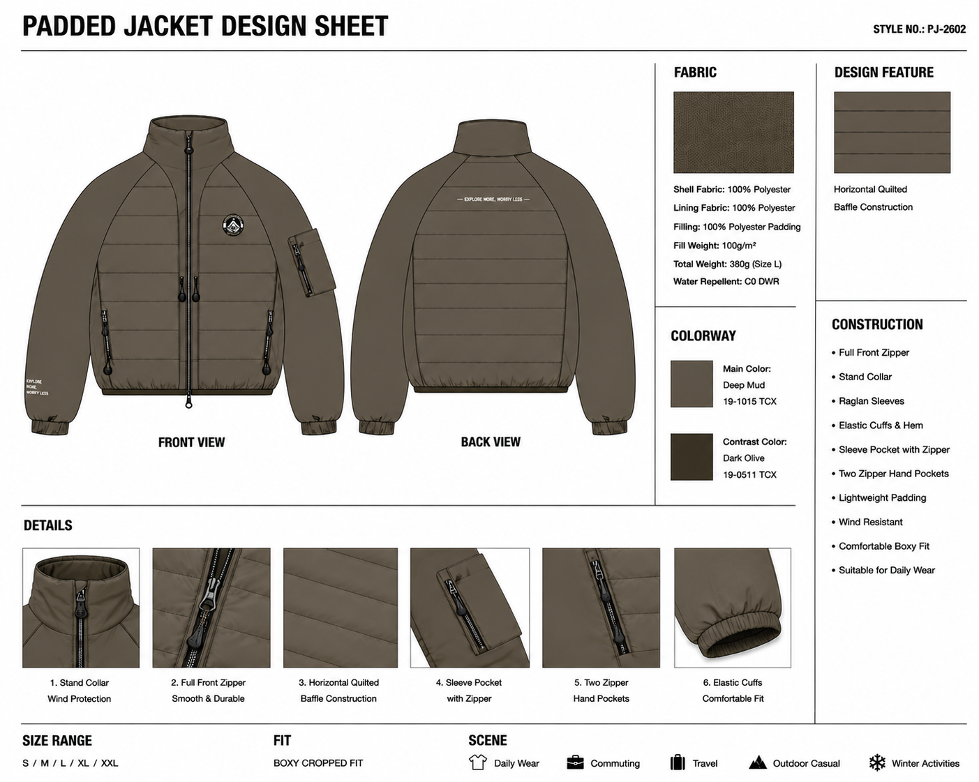 Cropped Stand-Collar Sleeve-Pocket Puffer Jacket technical design sheet for buyer review