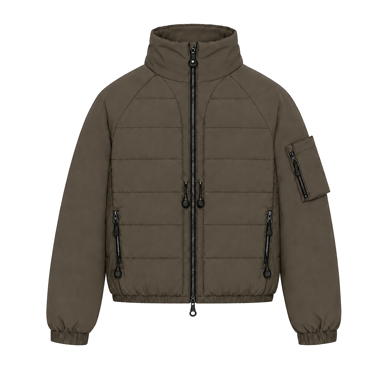 Cropped Stand-Collar Sleeve-Pocket Puffer Jacket front view for OEM and private label manufacturing