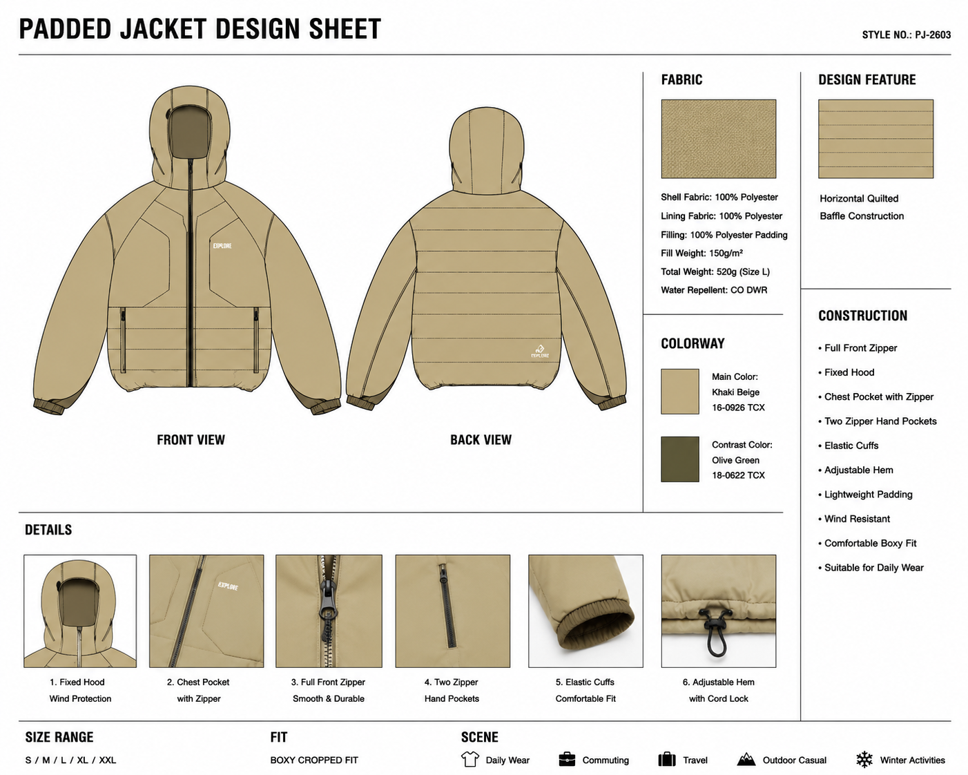 Fixed-Hood Multi-Pocket Puffer Jacket technical design sheet for buyer review