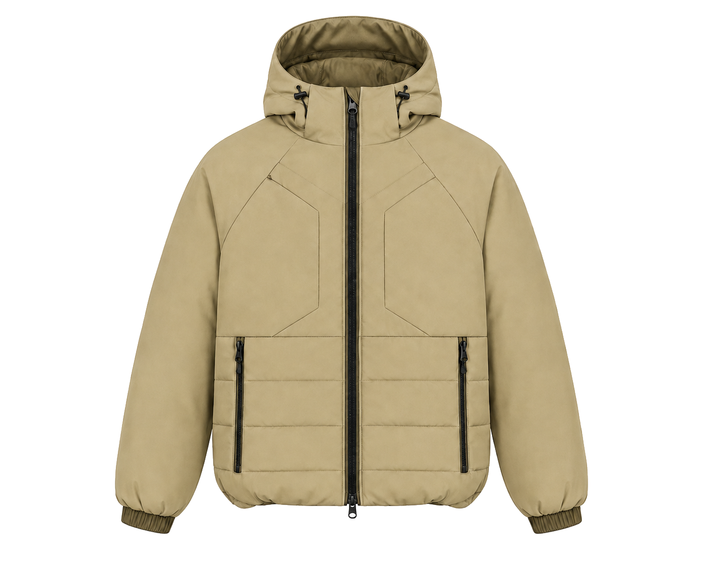 Fixed-Hood Multi-Pocket Puffer Jacket front view for OEM and private label manufacturing