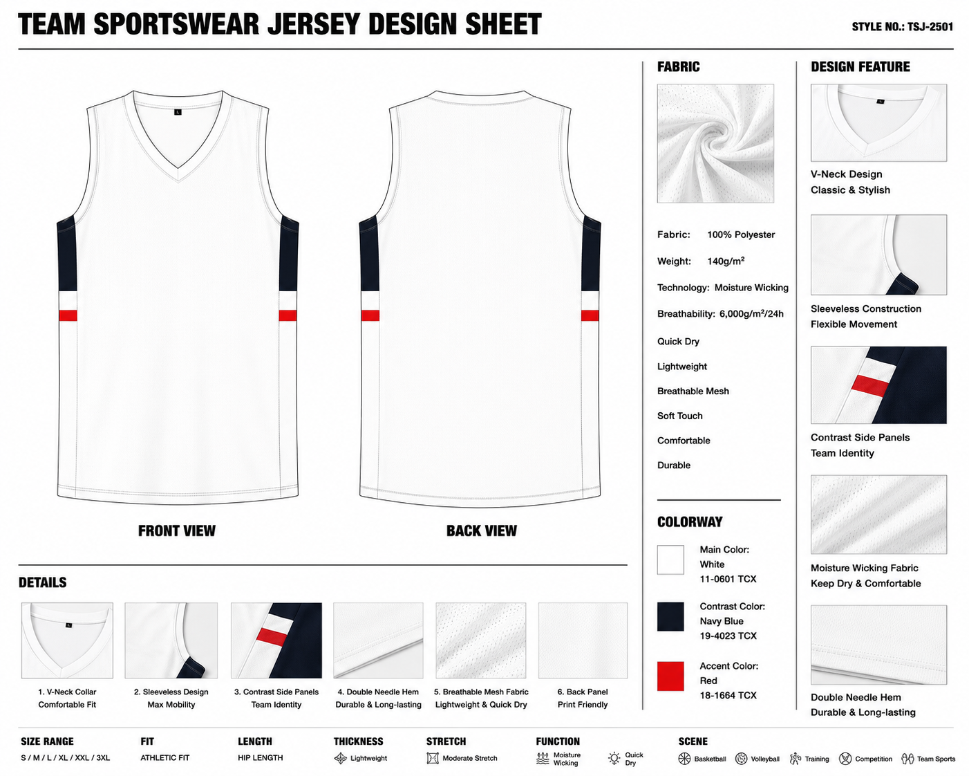 Contrast Side-Panel V-Neck Team Jersey technical design sheet for buyer review